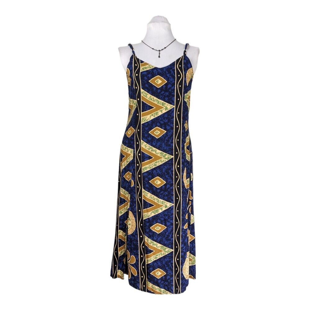 Tropical Midi Dress Slit Sleeveless Beach Resort Cruise Blue Tan Hawaiian L
